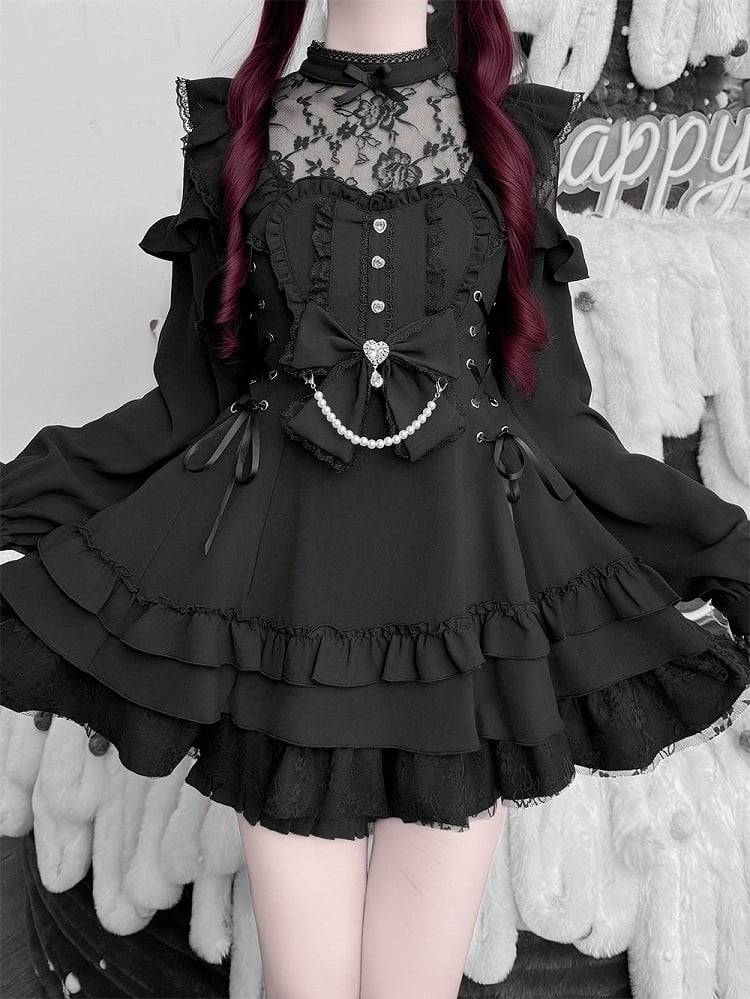 Jirai Kei Black Floral Lace Dress Set with Shorts, Bow Tie, Bead Chain & Hairclips - Jiuniang Cherry