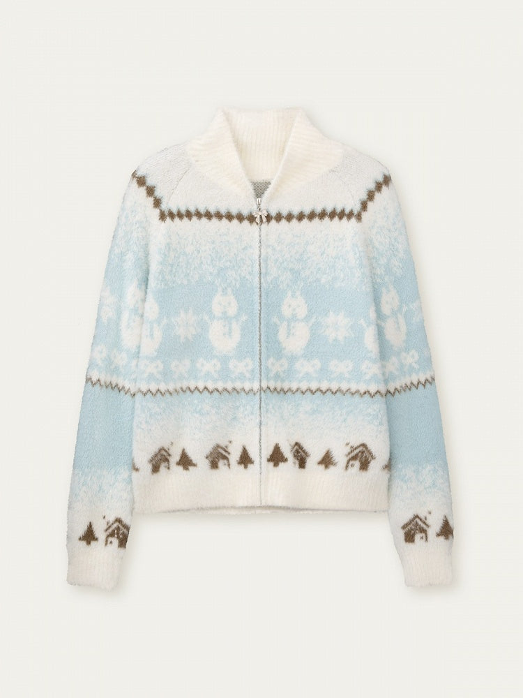 Sweater BlueWhite Pattern with Snowman Details Kawaii