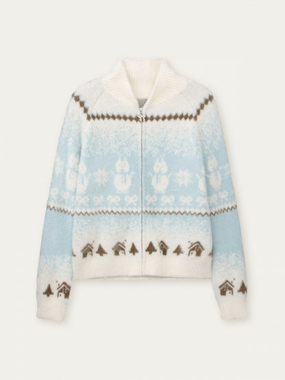 Sweater BlueWhite Pattern with Snowman Details Kawaii