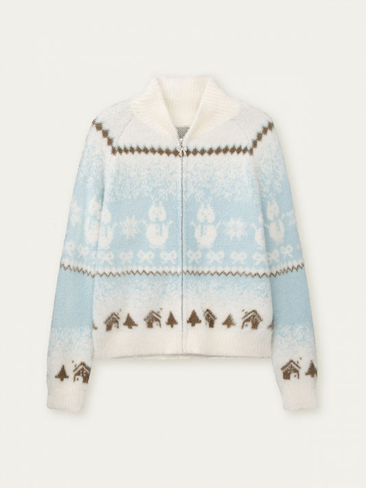 Sweater BlueWhite Pattern with Snowman Details Kawaii