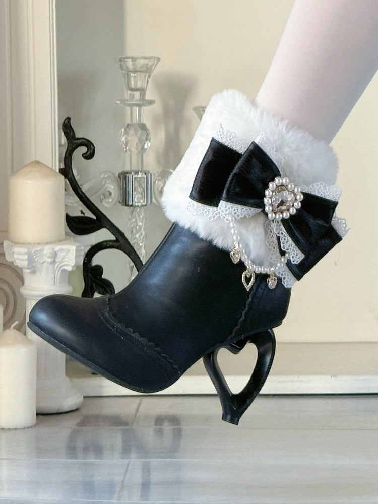 Lolita Winter Sweet Heart-Shaped - Black Cuff Plush with Boots Style Heel