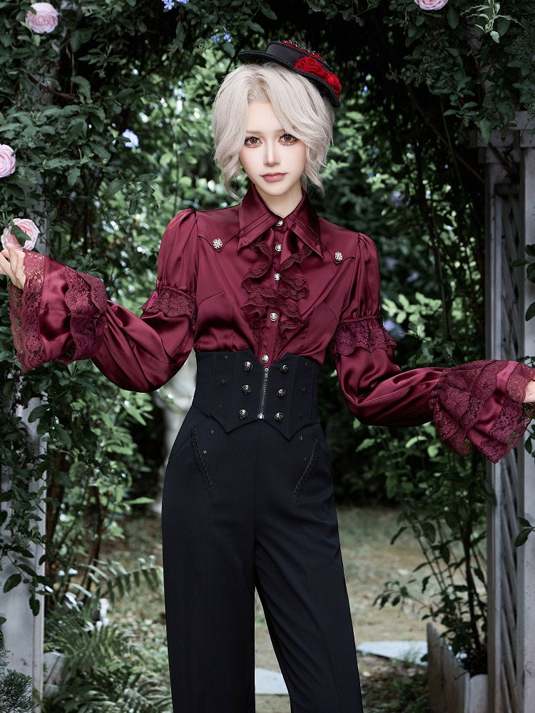 Gothic Satin Ruffle Shirt with Pointed Collar and Lace Cuffs - DevilInspired Exclusive Collection