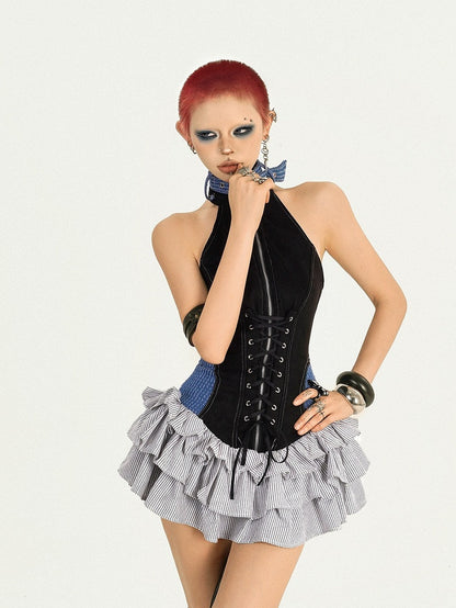 Camel-Black Halterneck Sleeveless Ruffled A-Line Dress