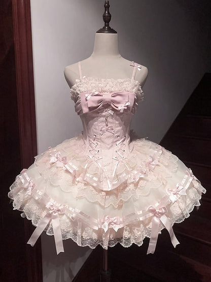 Schulter Dünne Jumper Entbeint Lolita Korsett Apricot Rosa Kleid Riemen Rock und