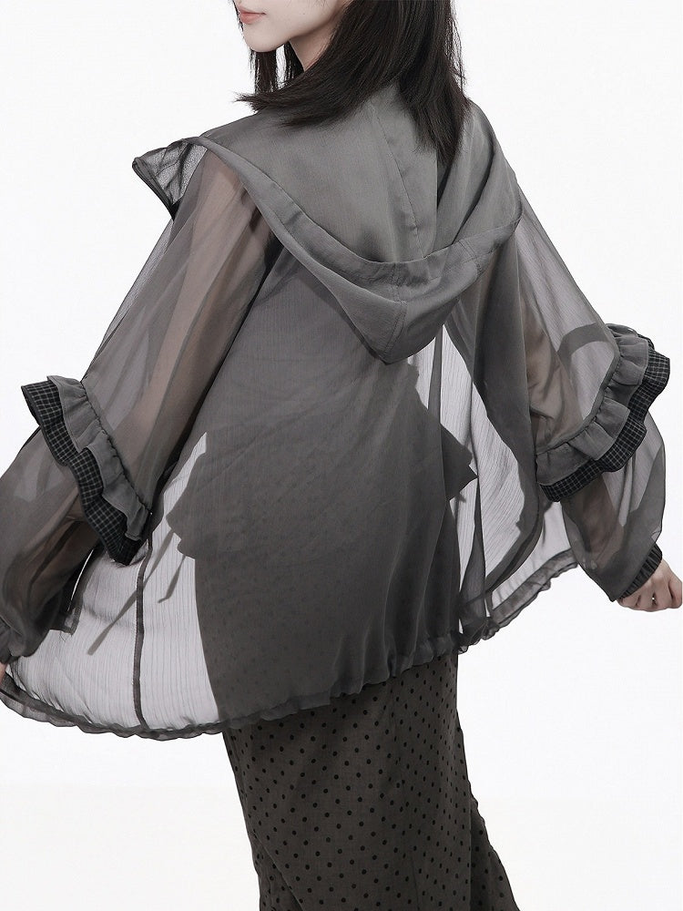 Gray Chiffon Hooded Jacket with Plaid Ruffle Hem - PINK SAVIOR