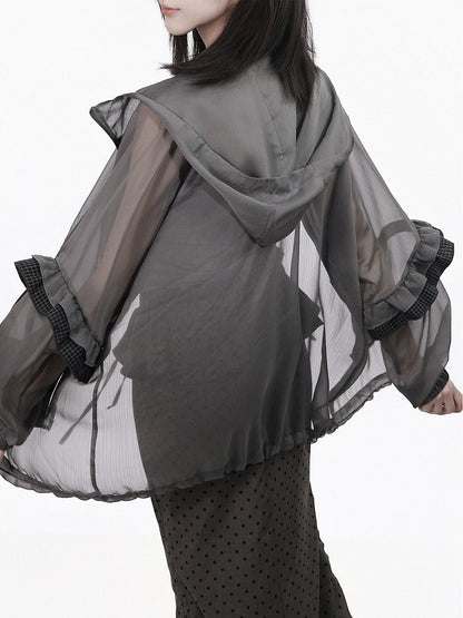 Gray Chiffon Hooded Jacket with Plaid Ruffle Hem - PINK SAVIOR