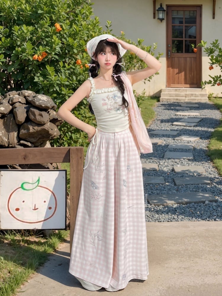 White Ruffled Waist Tank Top Square Neckline Butterfly Print Drawstring