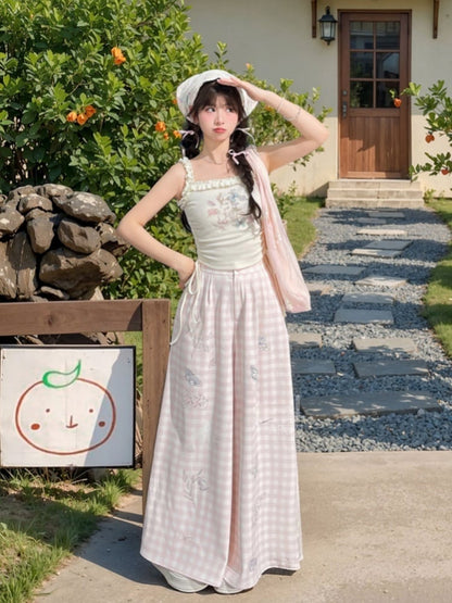 White Ruffled Waist Tank Top Square Neckline Butterfly Print Drawstring