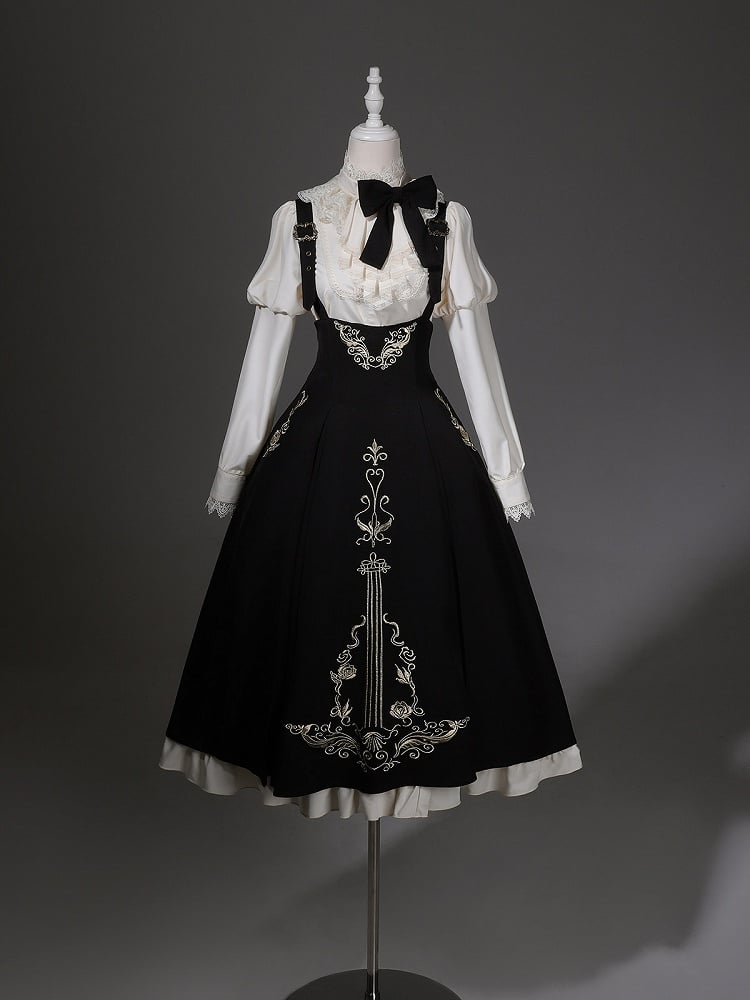Jabot Top Black + Overall Juliette Shirt High Skirt Elegant Cropped Waist Sleeves Collar Lolita