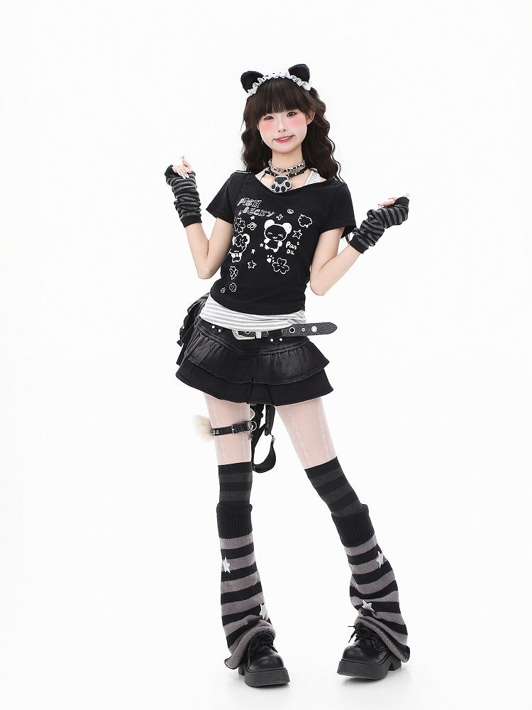 ShoulderAdorable Faux Cutout with Panda Print Black/Green Two-Piece T-shirt