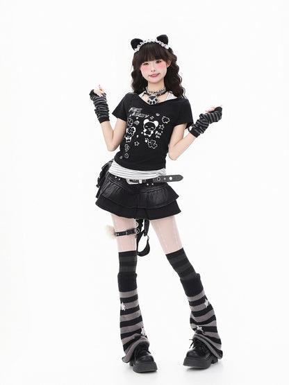 ShoulderAdorable Faux Cutout with Panda Print Black/Green Two-Piece T-shirt