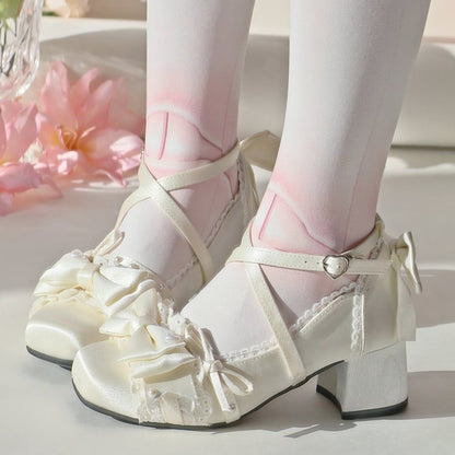 Mid-heel Toe Satin - Square Elegant Janes Accents Mary Bow Champagne Lolita
