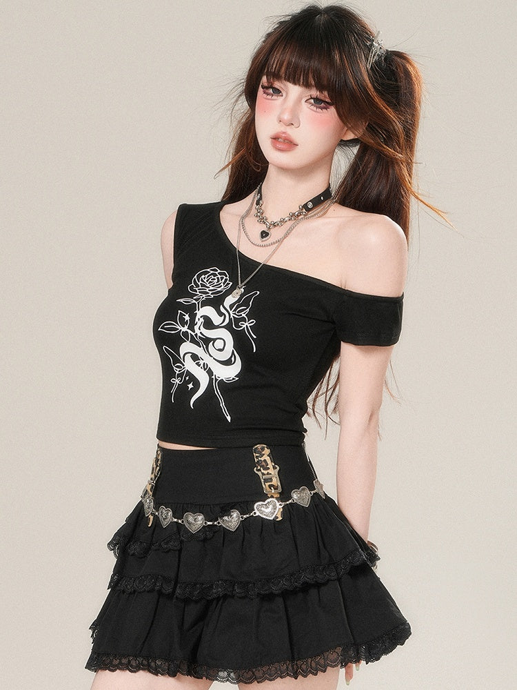 Weiß/Schwarzes T-Shirt Glamouröser asymmetrischer Print Rosette Bittersüßer Ausschnitt