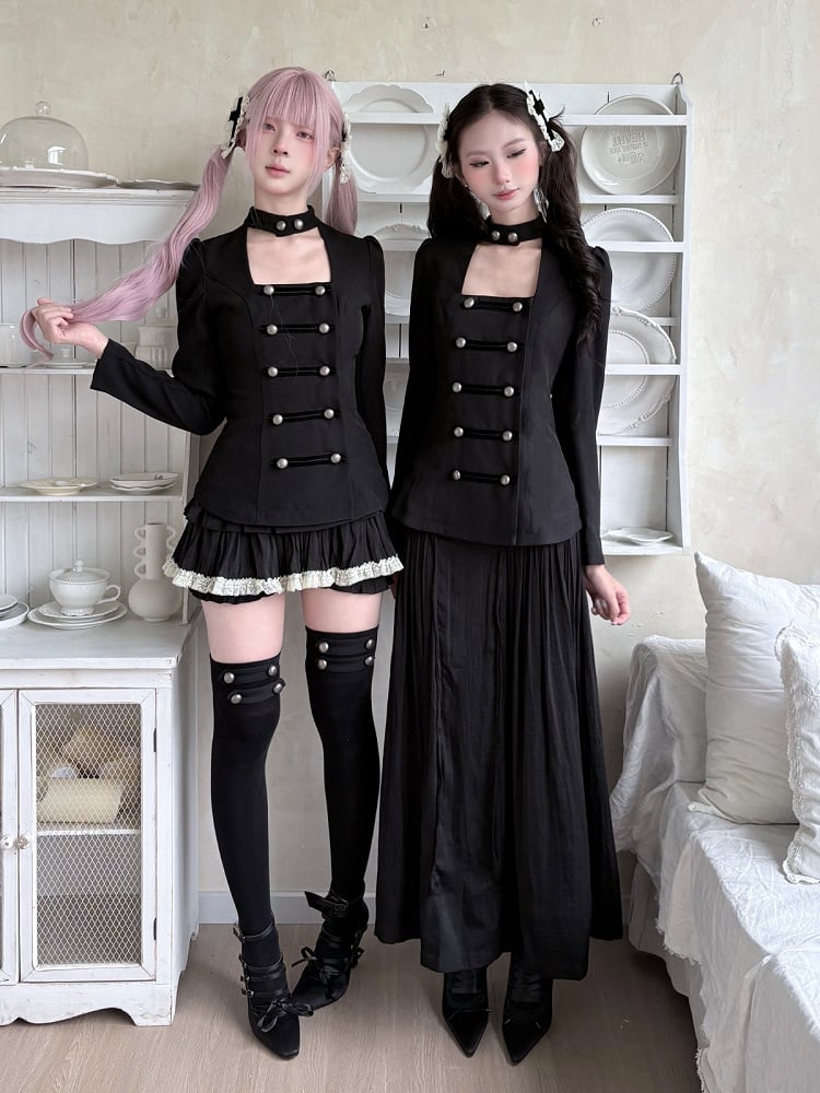 Gothic Black Ruched Maxi Skirt with Lace Cross Embellishment - Damn Girl