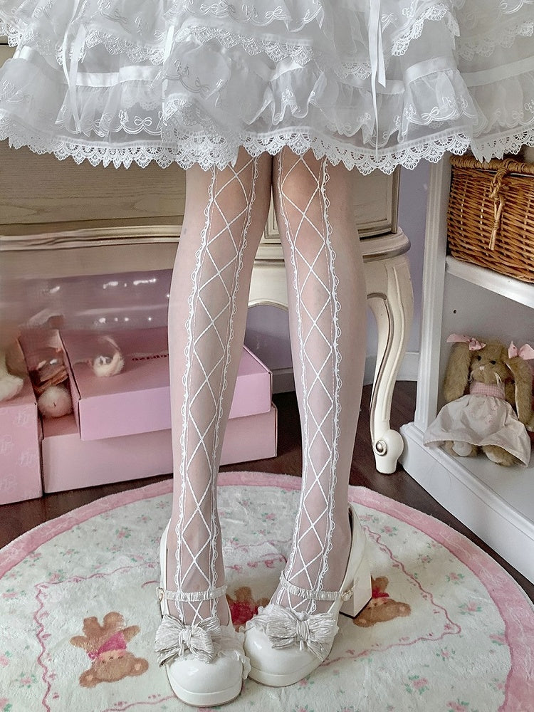 Banded Tights Crisscorss White Sweet Lolita Print