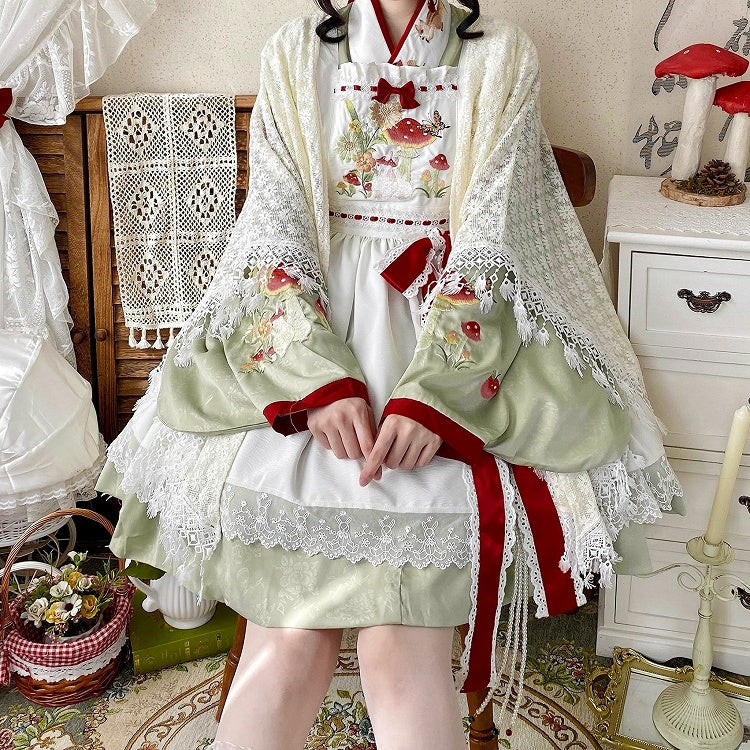 Neckline and Han Apron + Lolita Crossover Bunny Mushroom Green Embroidery OP