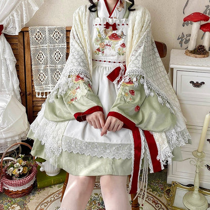 Neckline and Han Apron + Lolita Crossover Bunny Mushroom Green Embroidery OP