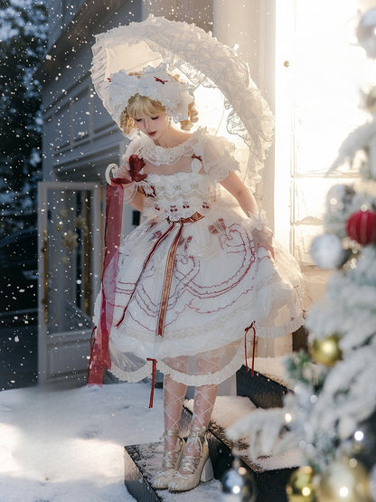 Bowknots Scalloped Red White Edge and Dress Cherry Lolita Embroidered with Overlay Trim Hime