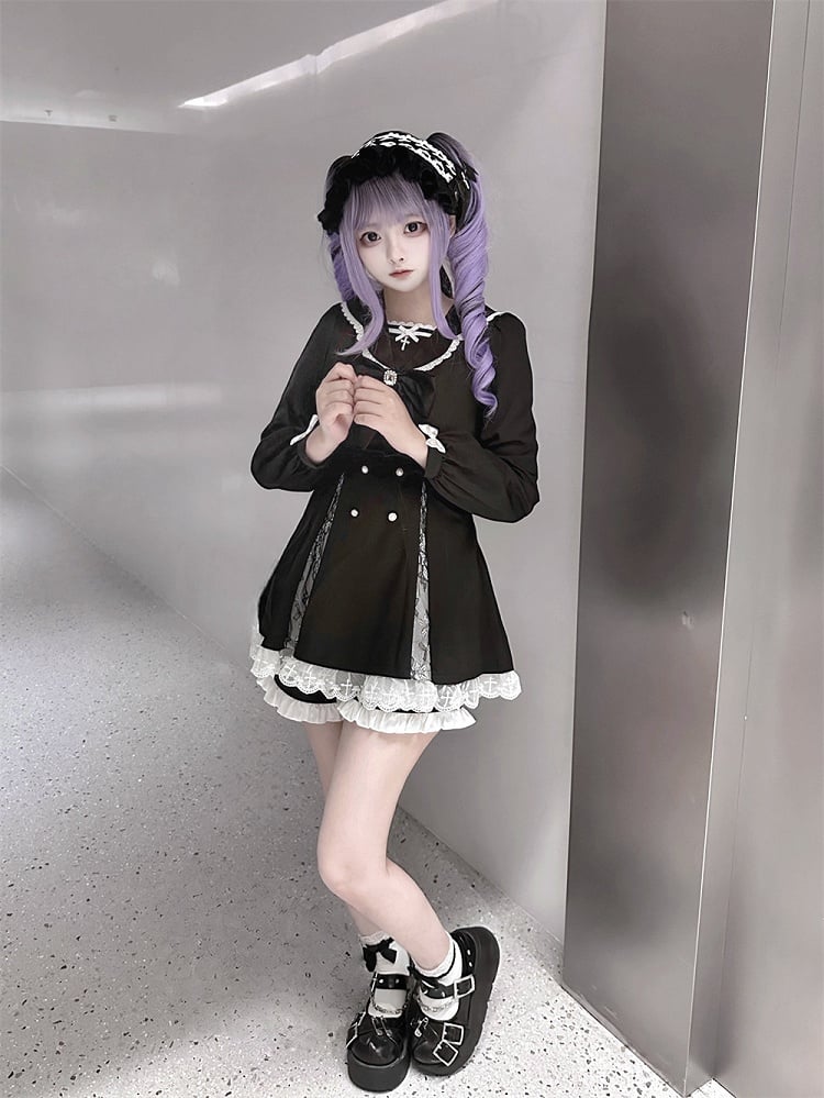 High Mini Coord with Dress Slit Matching Kei Black Set: Jirai Lace-Paneled Edgy Shorts