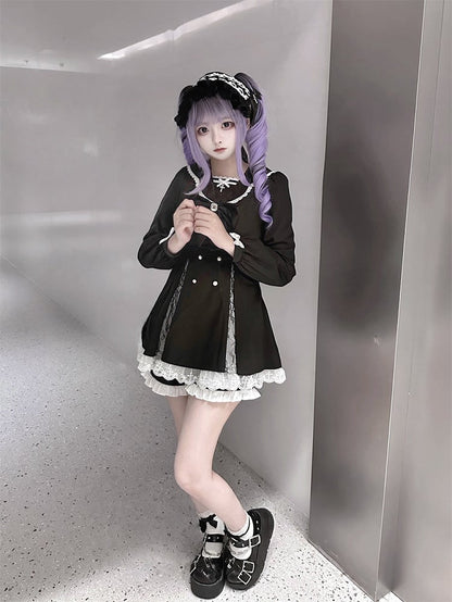 High Mini Coord mit Kleidschlitz Passendes Kei Black Set: Jirai Lace-Paneled Edgy Shorts