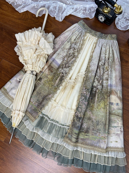 油絵プリントのグリーンレイヤードフリル裾ロリータスカート