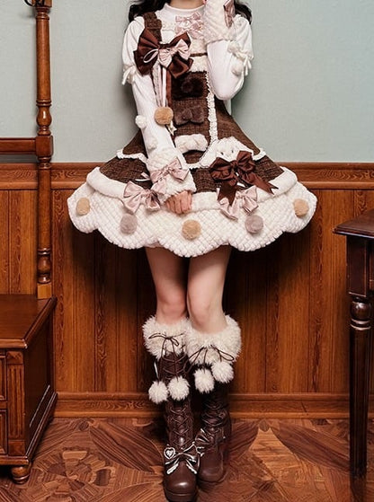 Kleid und Lolita-Overall mit gewelltem braun-weißem Rand und Pompons und Schleifen