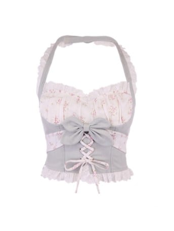 Denim-Blue Floral Lace-Trim Halter Top With Bow Accent