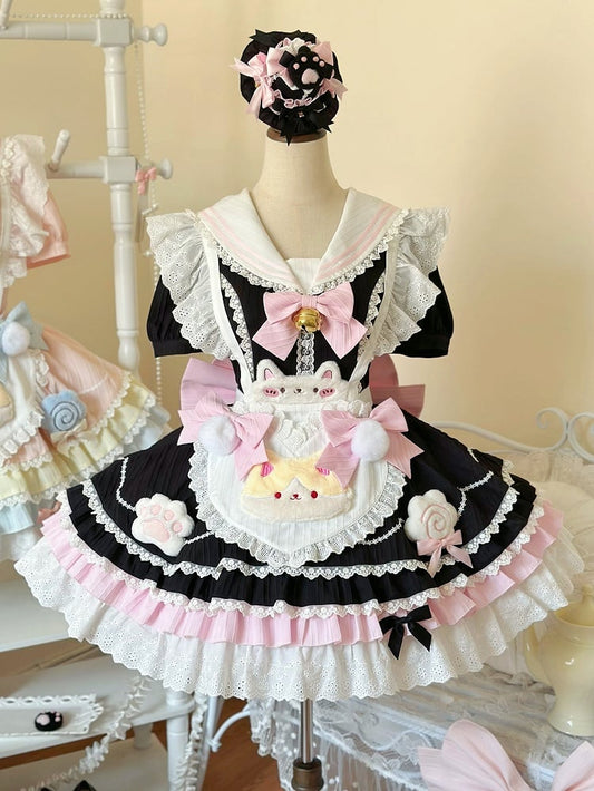 mit Maid Pink Matrosenkragen Schürze Herz Lolita Schwarz und süßem Kleid Kitty