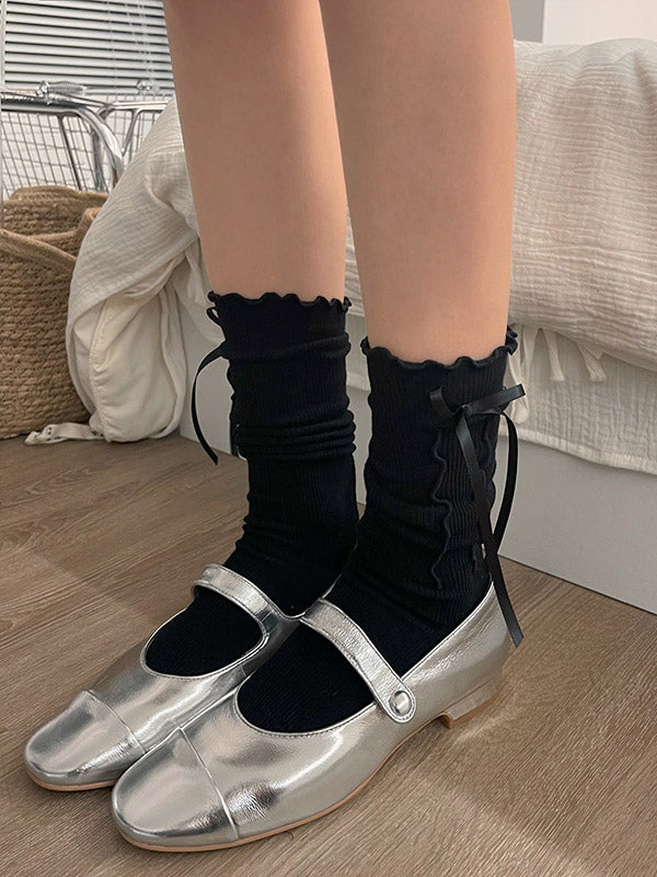 Trim White/Black Calf Decorated Side Ruffled with Socks Ruched Bow