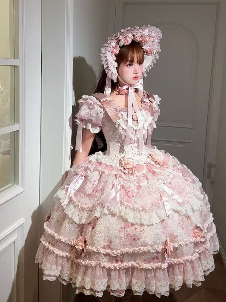 Ruffle Hime with Multi-Layered Lolita Pink Accents Puffy Rose Dress