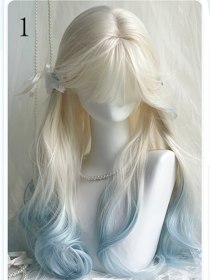 Bangs Blue Wigs Color 70cm Long Wavy Highlight Hair and White Curtain With Bangs/Air