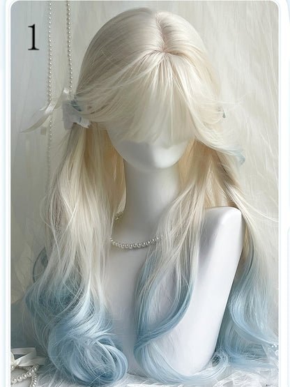 Bangs Blue Wigs Color 70cm Long Wavy Highlight Hair and White Curtain With Bangs/Air