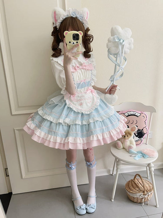 Blue JSK Sweet Bow / Apron Lolita Full Maid Ruffle Set Dress + Heart