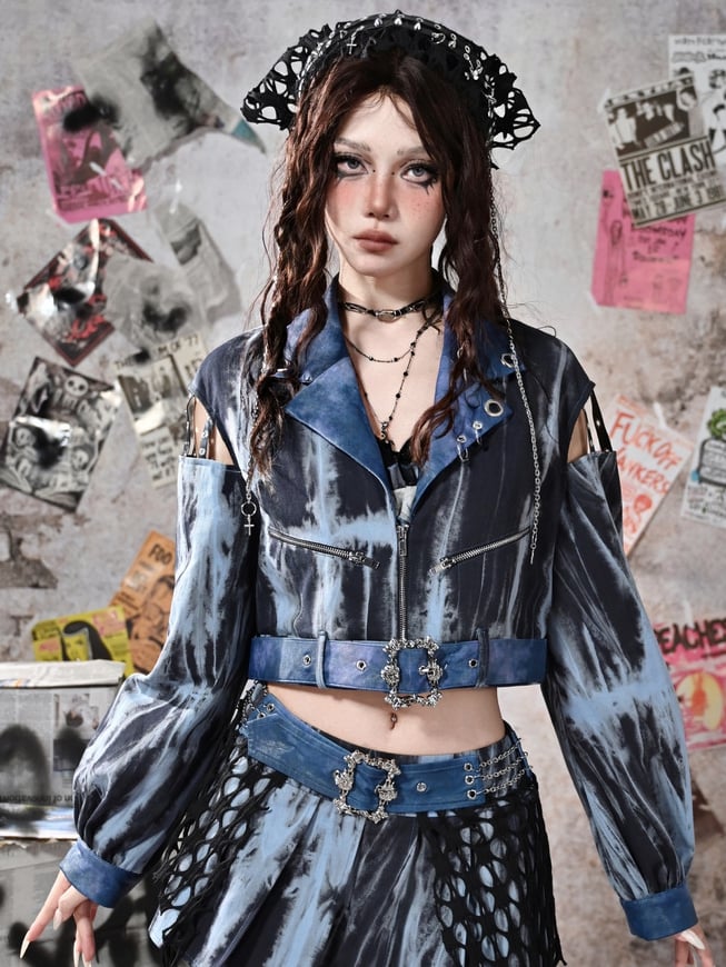 Grunge Punk Rock Blaue Cutout-Ärmel Tie Dye PU-Motorradjacke mit kostenlosem Gürtel