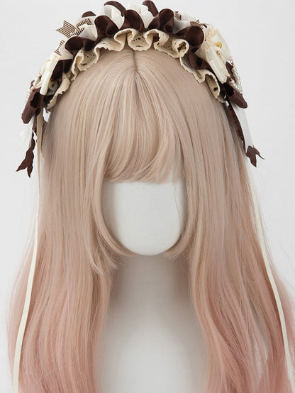 Lolita Brown Bead Sweet with White Ruffle Accents Bow Hairband and