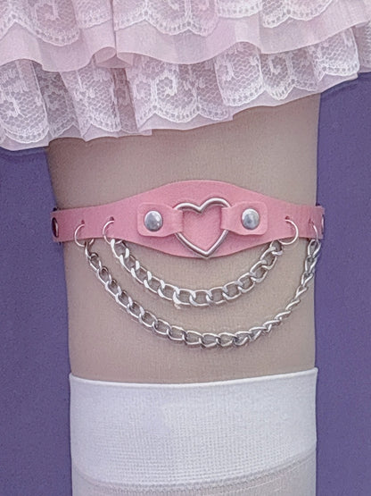 ハート装飾チェーン グラマラス PU ブラック/ピンク/ホワイト レッグチャーム ループスタッド Y2K