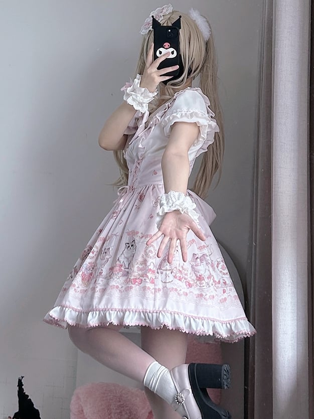 Lace-up Design Sweet Pleating Kei Details Print Pink Cat Jirai