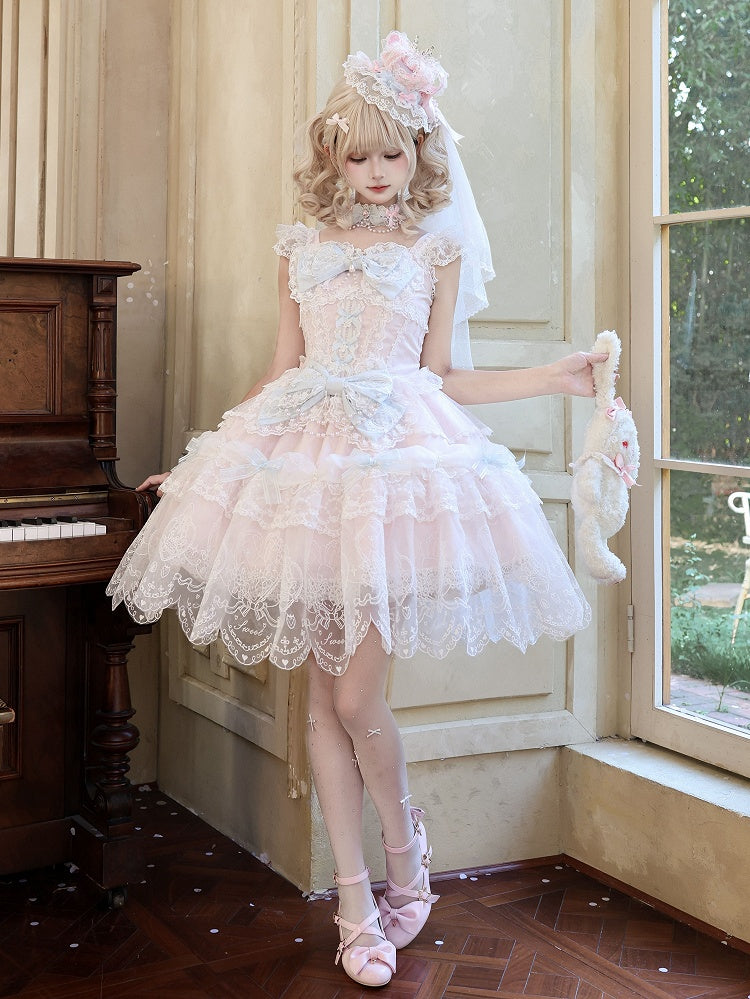 Pink Multi-Layer Lace Trim Lolita JSK with Bow and Bead Chain Decorations - White Sugar Girl