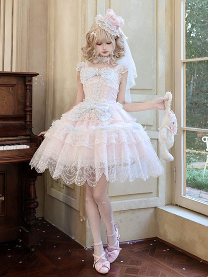 Pink Multi-Layer Lace Trim Lolita JSK with Bow and Bead Chain Decorations - White Sugar Girl