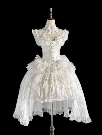 Gothic Lolita Boned Corset Top with Tiered Skirt and Collar in All White - Somnium Isle