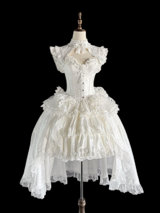 Gothic Lolita Boned Corset Top with Tiered Skirt and Collar in All White - Somnium Isle