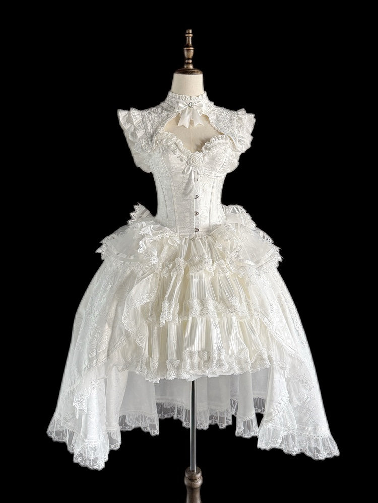 Gothic Lolita Boned Corset Top with Tiered Skirt and Collar in All White - Somnium Isle