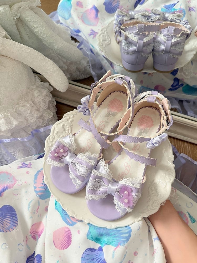 Lilac Bow Flower Lace Trim Lolita Sandals with Buckle - Sheep Puff