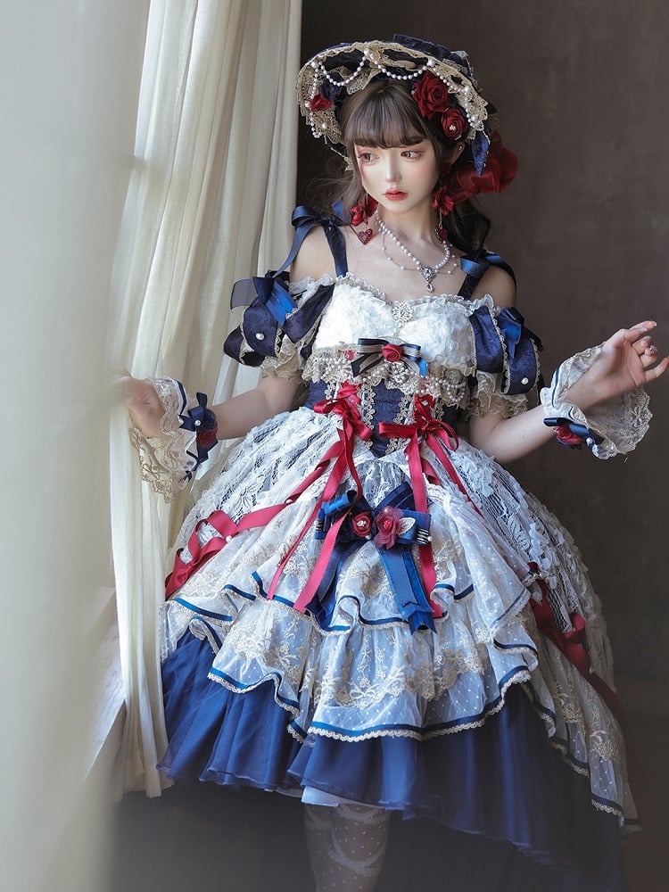 Dark Blue and Red Chain Bonnet Bead Flowers Lolita with
