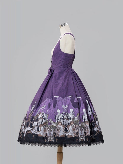 Purple Skeleton Cross Print Under Bust Gothic Lolita Dress with Black Lace Trim - NnSTAR