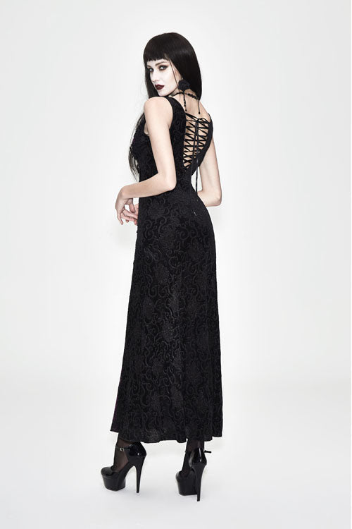 Gothic Fitted Waist Black Purple Rose Lace Dress for Women