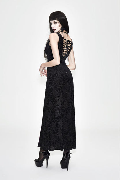 Gothic Fitted Waist Black Purple Rose Lace Dress for Women