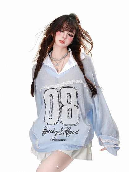 Blue/Pink Semi-sheer Lace Appliques Preppy Style Sun Protection Top Faux