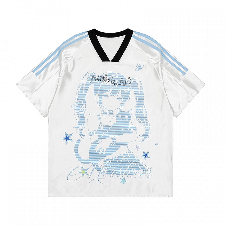 V-Ausschnitt Blau/Rosa Blokette T-Shirt Anime Girl Print Core Loose