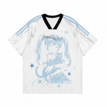 V-Ausschnitt Blau/Rosa Blokette T-Shirt Anime Girl Print Core Loose